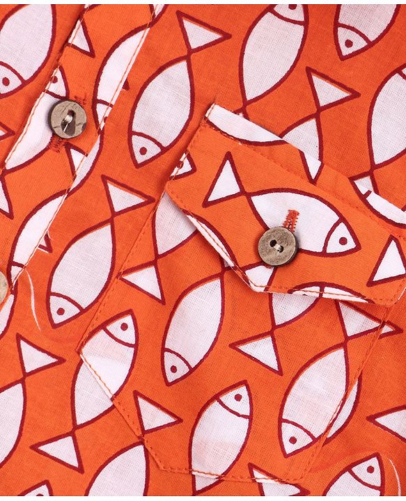 Babyhug Full Sleeves Kurta Pyjama Set Fish Print - Orange White