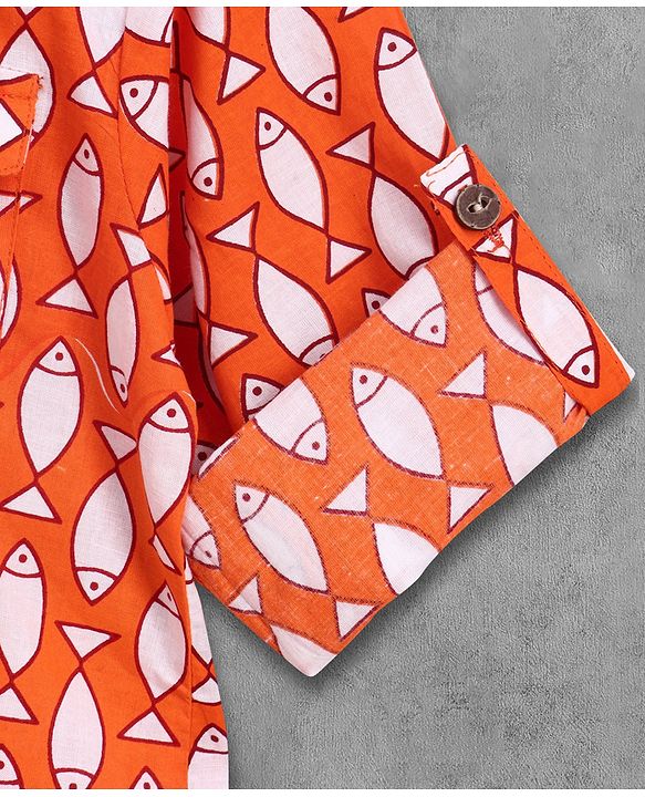 Babyhug Full Sleeves Kurta Pyjama Set Fish Print - Orange White