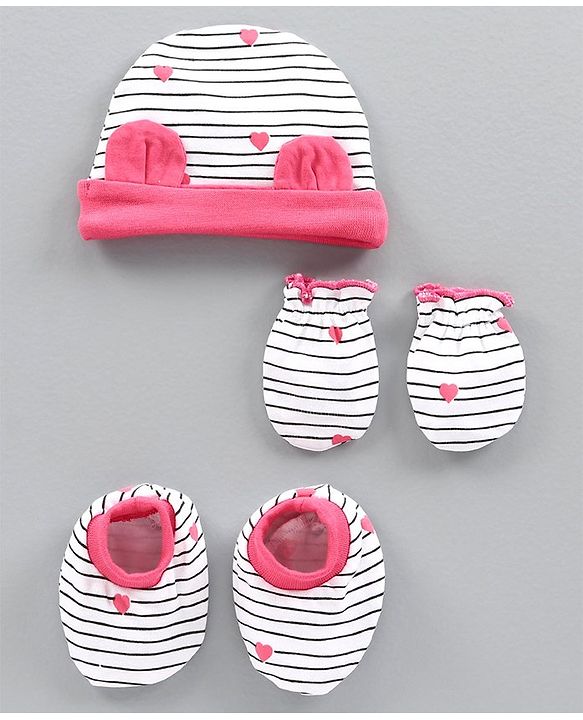 Babyhug 100% Cotton Cap Mittens and Booties Set Heart Print Pink -  Diameter 10 cm