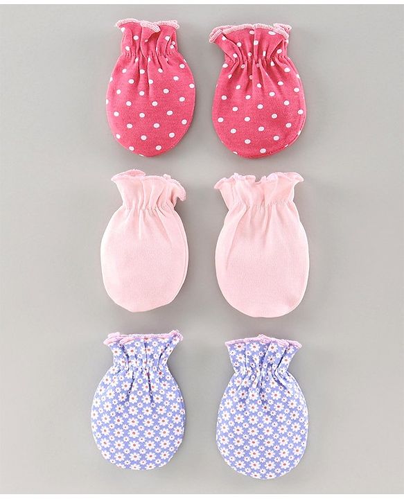 Babyhug Cotton Mittens Solid And Dots Print Pack of 3 - Multicolor