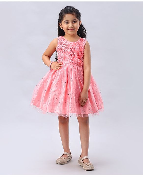 Babyhug Sleeveless Rosette  Party Frock Floral Corsage - Peach