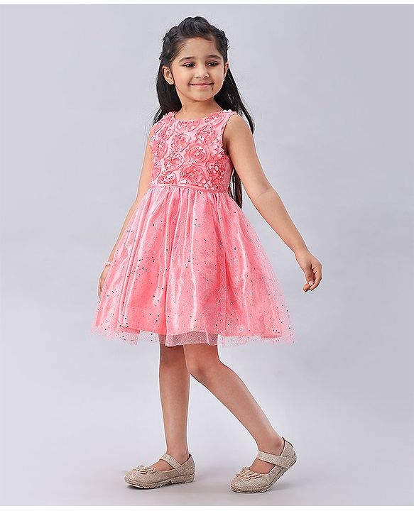 Babyhug Sleeveless Rosette  Party Frock Floral Corsage - Peach