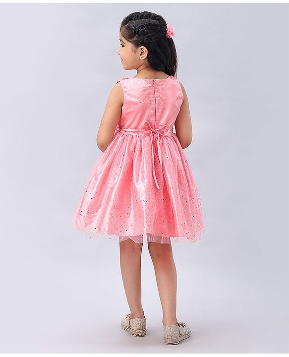 Babyhug Sleeveless Rosette  Party Frock Floral Corsage - Peach