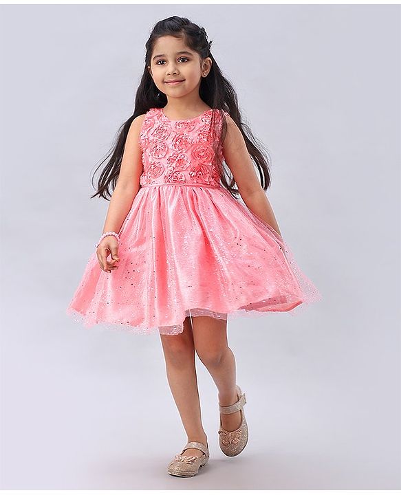 Babyhug Sleeveless Rosette  Party Frock Floral Corsage - Peach