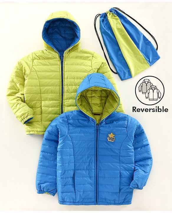 Pine Kids Full Sleeves Reversible Hooded Jacket - Green Blue