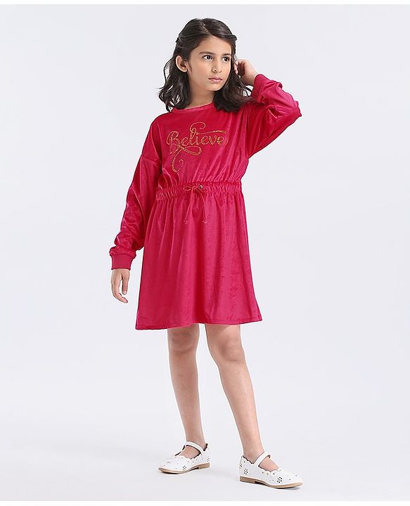 Pine Kids Full Sleeves Frock Studded Believe Detailing - Red