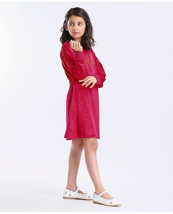 Pine Kids Full Sleeves Frock Studded Believe Detailing - Red