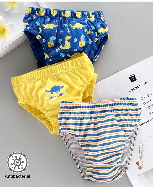 Babyhug Antibacterial Briefs Dino Print Pack of 3 - Blue Yellow