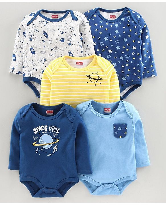 Babyhug Full Sleeves Onesie Space Print Pack of 5 - Blue Yellow