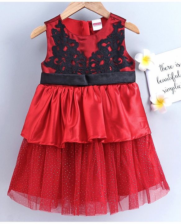 Babyhug Sleeveless Layered Frock with Embroidered Bodice - Red