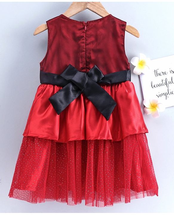 Babyhug Sleeveless Layered Frock with Embroidered Bodice - Red