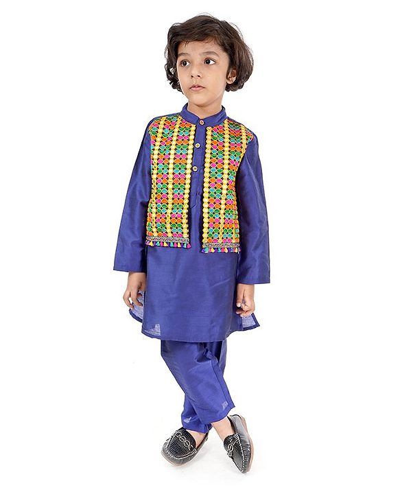 Babyhug Full Sleeves Kurta Pajama Set Embroidered - Blue