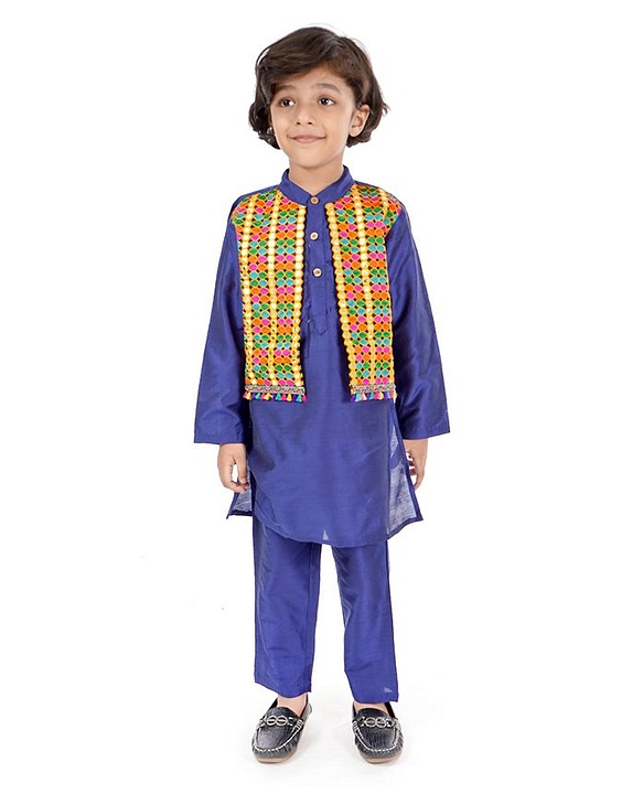 Babyhug Full Sleeves Kurta Pajama Set Embroidered - Blue