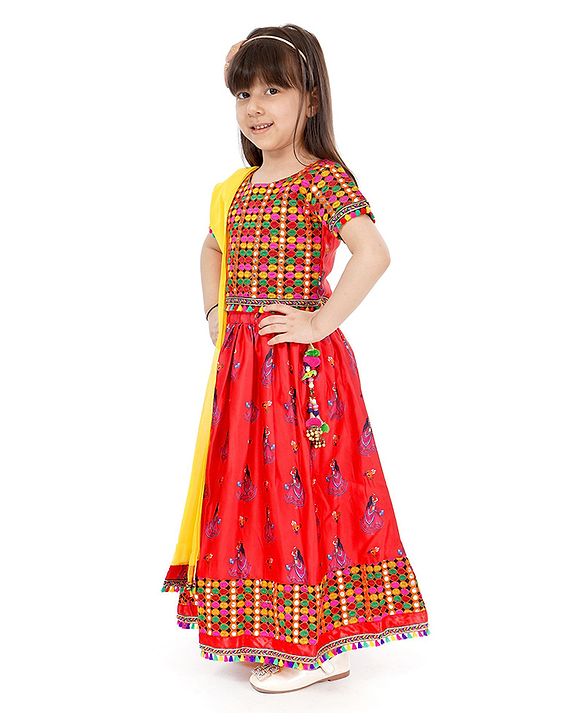 Babyhug Half Sleeves Lehenga Choli Set With Dupatta Embroidered - Red Yellow