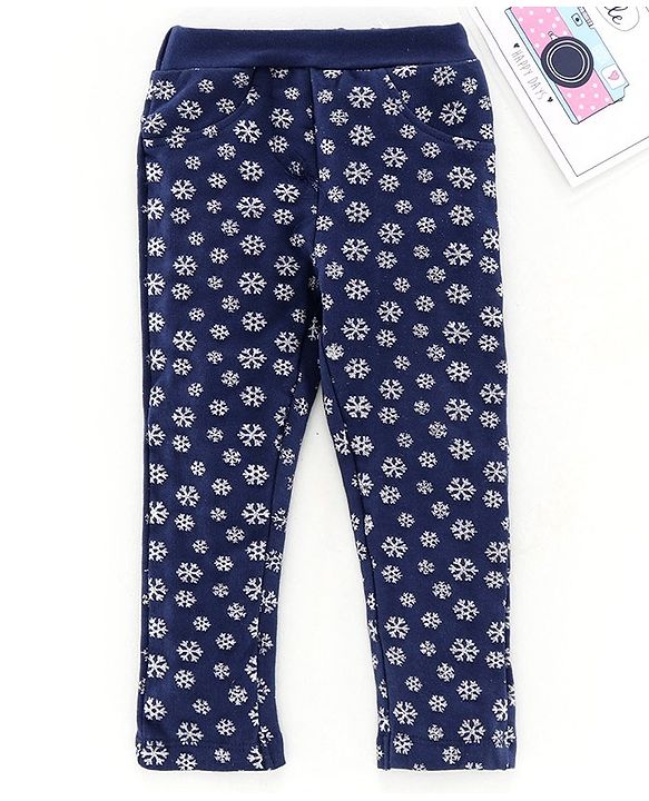 Babyhug Full Length Jeggings Snowflake Print - Navy Blue