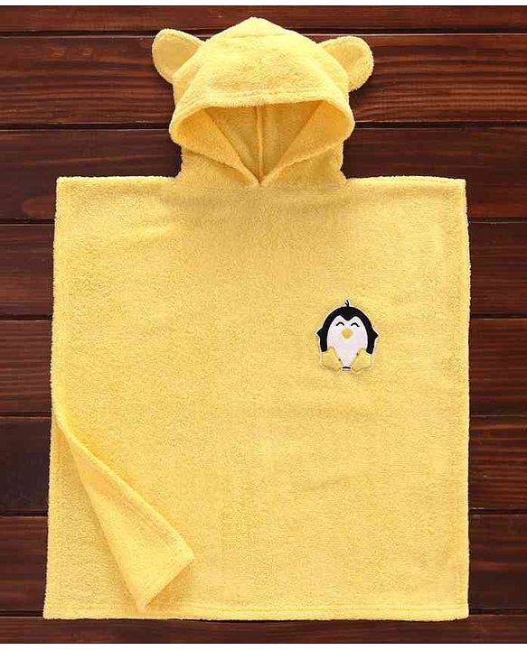 Babyhug Towel Poncho With Hood Penguin Patch - Yellow