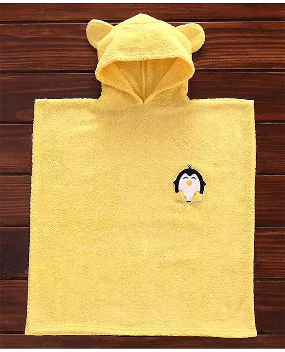 Babyhug Towel Poncho With Hood Penguin Patch - Yellow