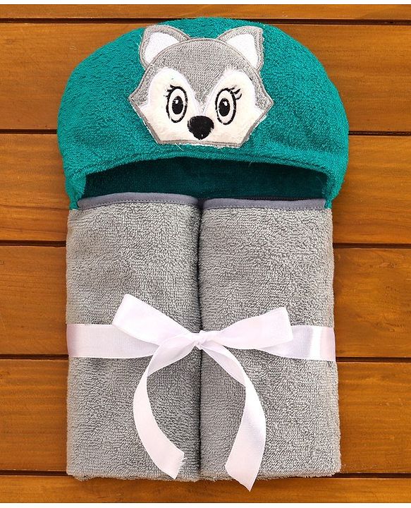 Babyhug Hooded Towel with Cat Embroidery - Grey