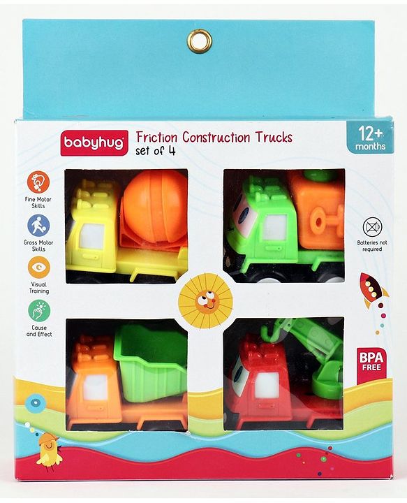 Babyhug Friction Powered Construction Trucks -Pack of 4 | Develops Motor Skills, Color Recognition & Imaginative Play | Multicolor | BIS Certified