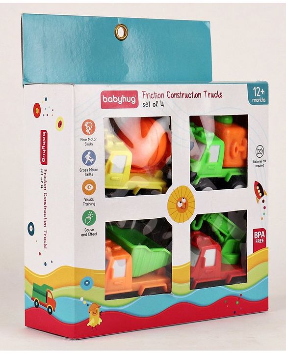 Babyhug Friction Powered Construction Trucks -Pack of 4 | Develops Motor Skills, Color Recognition & Imaginative Play | Multicolor | BIS Certified