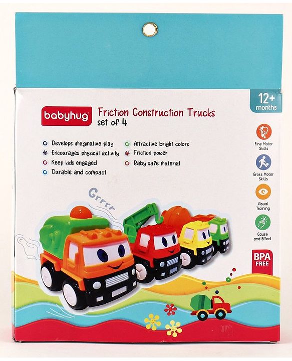 Babyhug Friction Powered Construction Trucks -Pack of 4 | Develops Motor Skills, Color Recognition & Imaginative Play | Multicolor | BIS Certified