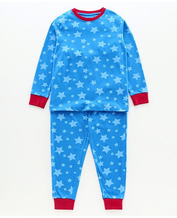 Pine Kids Biowashed Full Sleeves Night Suit Stars Print  - Blue