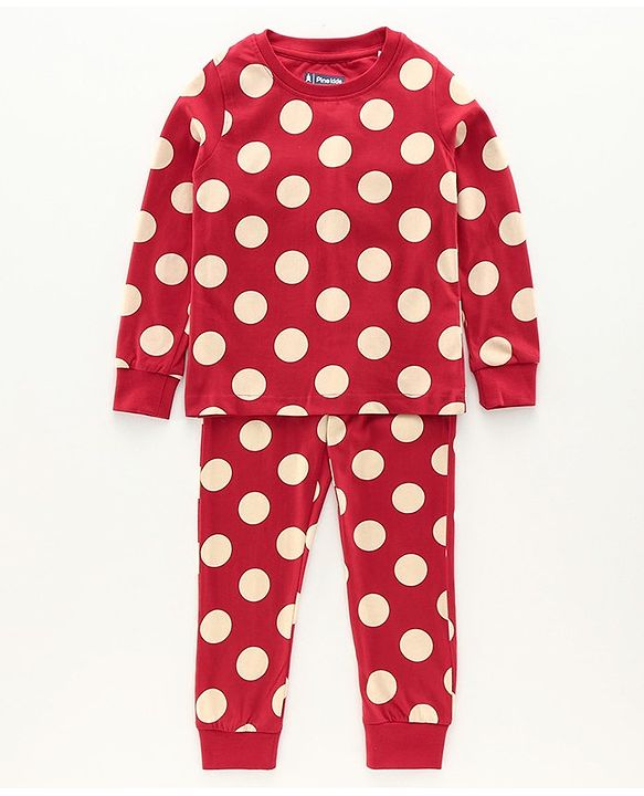 Pine Kids Full Sleeves Biowashed Night Suit Polka Dot Print - Red