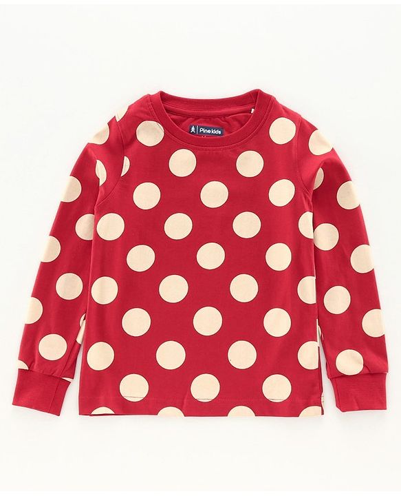 Pine Kids Full Sleeves Biowashed Night Suit Polka Dot Print - Red