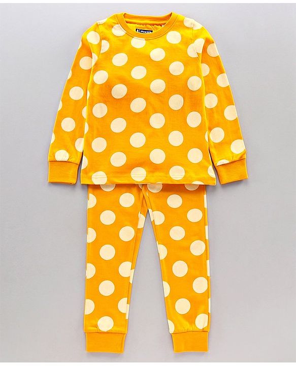 Pine Kids Full Sleeves Biowashed Polka Dot Night Suit - Golden