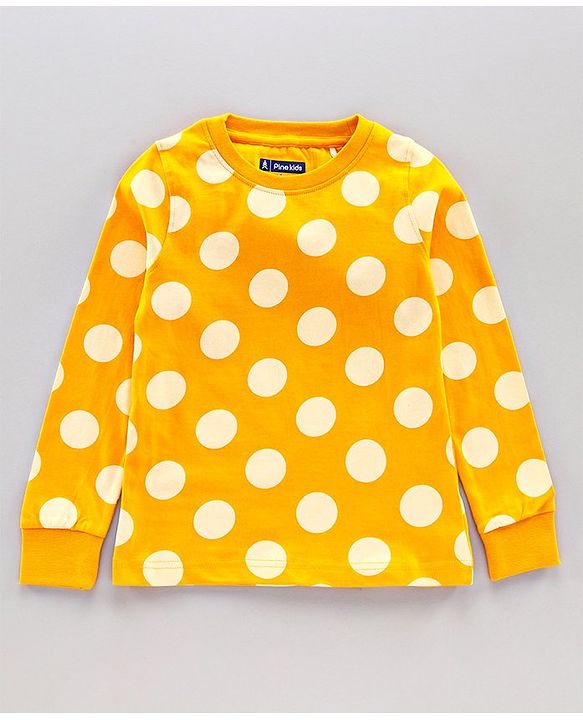 Pine Kids Full Sleeves Biowashed Polka Dot Night Suit - Golden