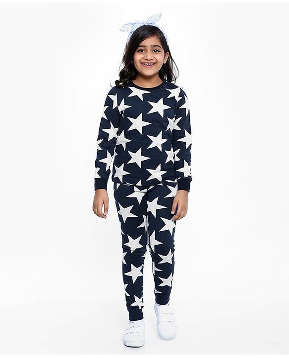 Pine Kids Full Sleeves Night Suit Star Print - Navy Blue