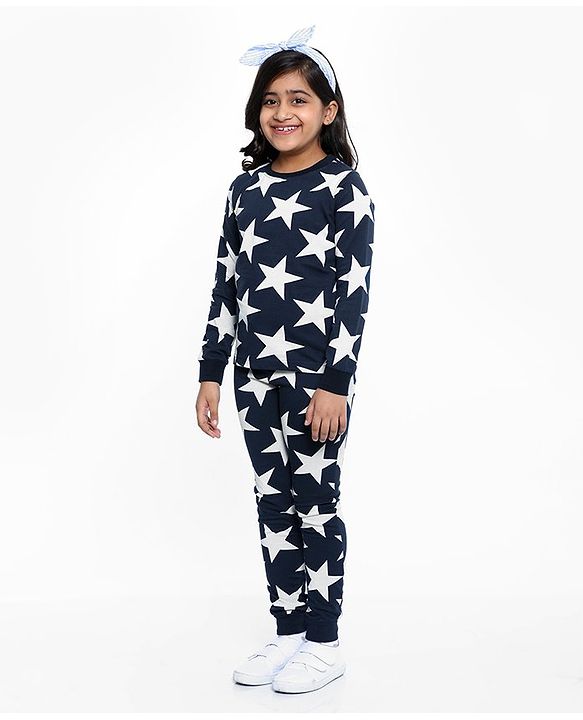 Pine Kids Full Sleeves Night Suit Star Print - Navy Blue