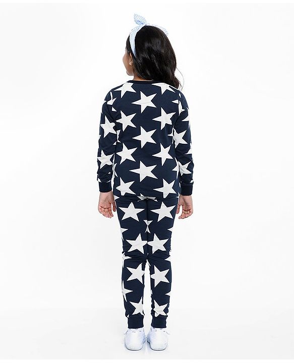 Pine Kids Full Sleeves Night Suit Star Print - Navy Blue