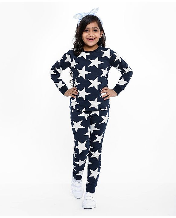 Pine Kids Full Sleeves Night Suit Star Print - Navy Blue