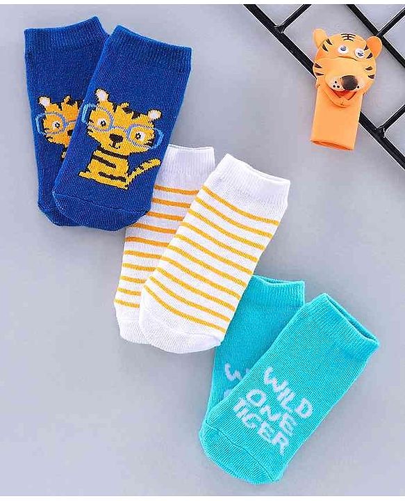 Cute Walk by Babyhug Multi Design Ankle Length Socks Set of 3 Pairs - Blue Yellow