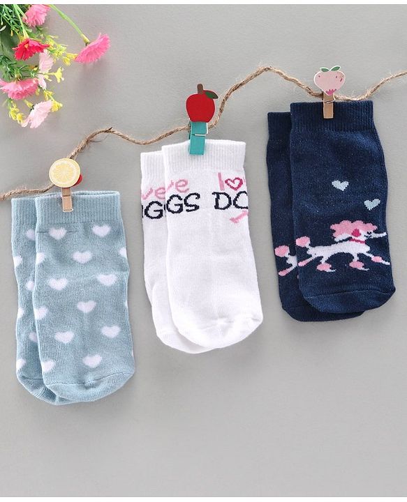 Cute Walk by Babyhug Anti Bacterial Ankle Length Socks Heart & Dog Design Pack of f3 - White Blue