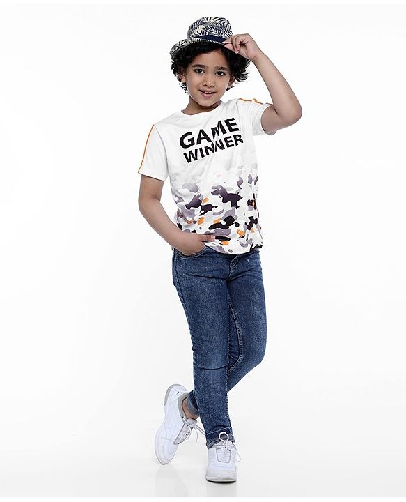 Pine Kids Half Sleeves Athleisure Dri-Fit T-Shirt Game Winner Print - White