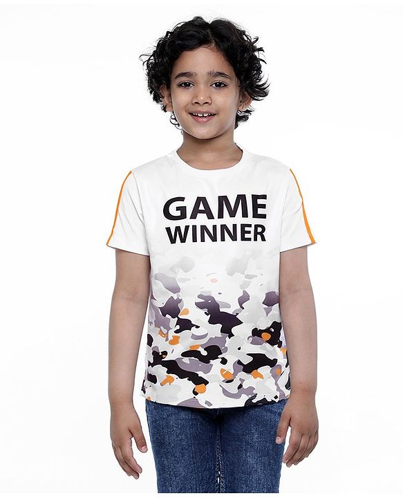 Pine Kids Half Sleeves Athleisure Dri-Fit T-Shirt Game Winner Print - White