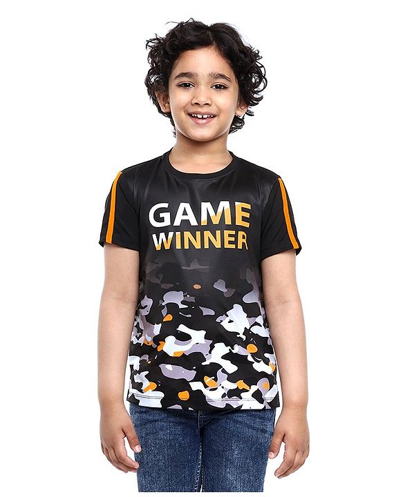 Pine Kids Half Sleeves Athleisure Dri-Fit T-Shirt Game Winner Print - Black