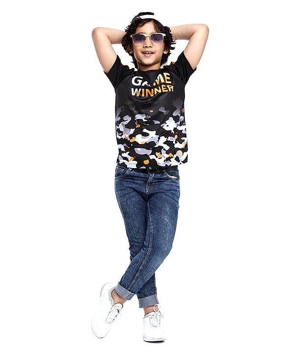 Pine Kids Half Sleeves Athleisure Dri-Fit T-Shirt Game Winner Print - Black