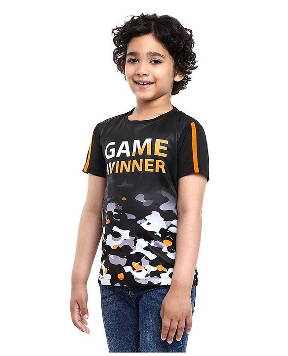 Pine Kids Half Sleeves Athleisure Dri-Fit T-Shirt Game Winner Print - Black