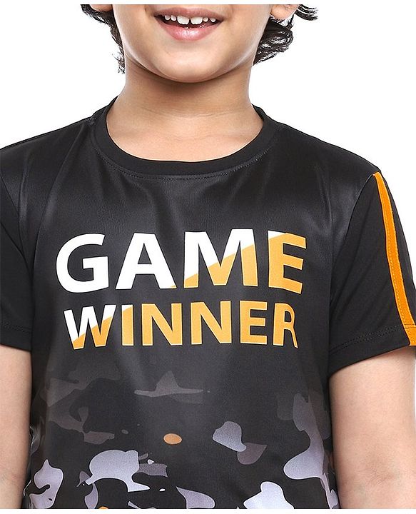 Pine Kids Half Sleeves Athleisure Dri-Fit T-Shirt Game Winner Print - Black
