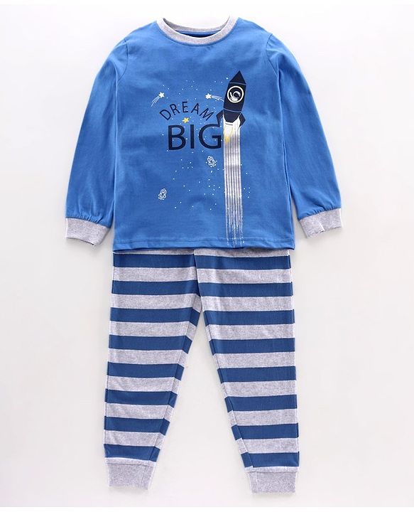 Pine Kids Full Sleeves Biowashed Night Suit Rocket Print - Blue