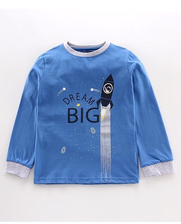 Pine Kids Full Sleeves Biowashed Night Suit Rocket Print - Blue