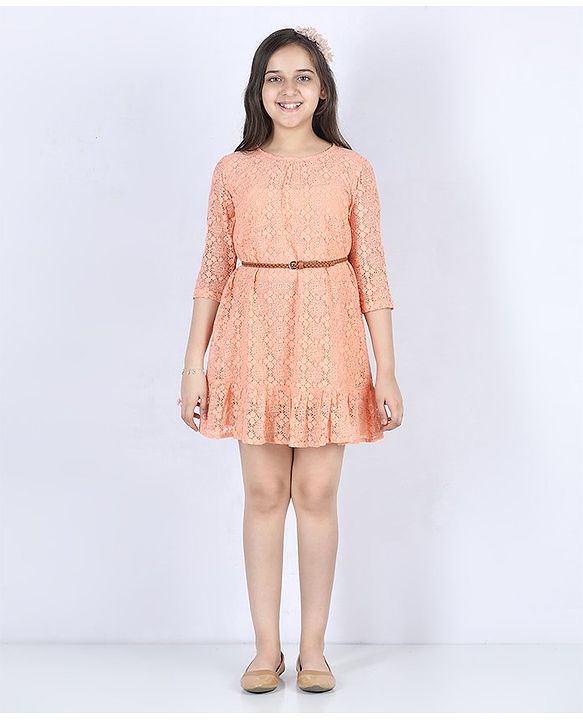 Pine Kids Knee Length Shiffli Dress With Belt - Peach
