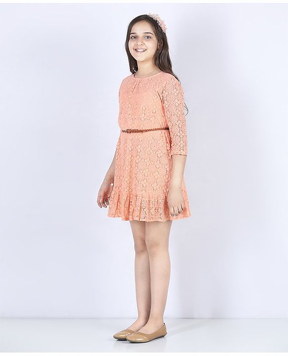 Pine Kids Knee Length Shiffli Dress With Belt - Peach