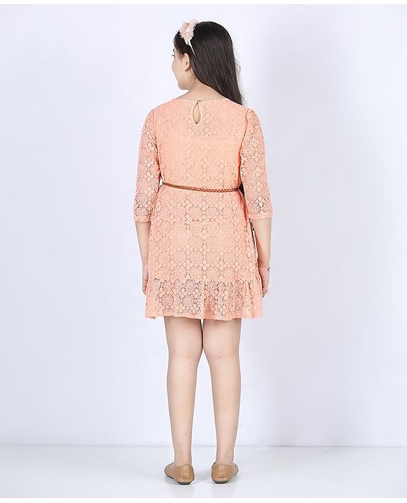 Pine Kids Knee Length Shiffli Dress With Belt - Peach