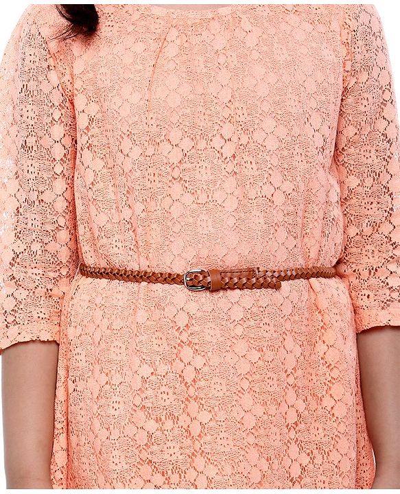 Pine Kids Knee Length Shiffli Dress With Belt - Peach