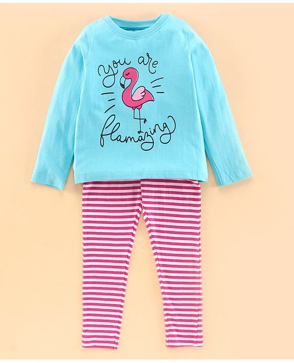 Pine Kids Full Sleeves Biowashed Night Suit Flamingo Print Striped - Tanager Turquoise