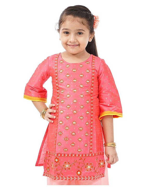 Babyhug Full Sleeve Kurti Embroidered - Coral